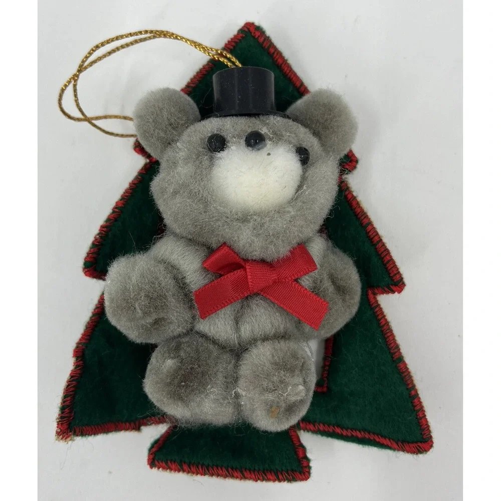 Vintage Pom Pom and Felt Teddy Bear Christmas Tree Ornaments